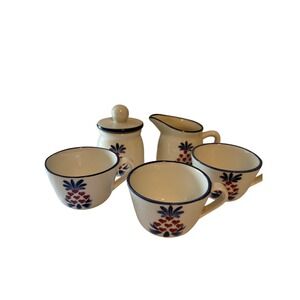 NS Gustin Co Pineapple Creamer Sugar Set with 3 Mugs Hand‎ Decorated Made in USA